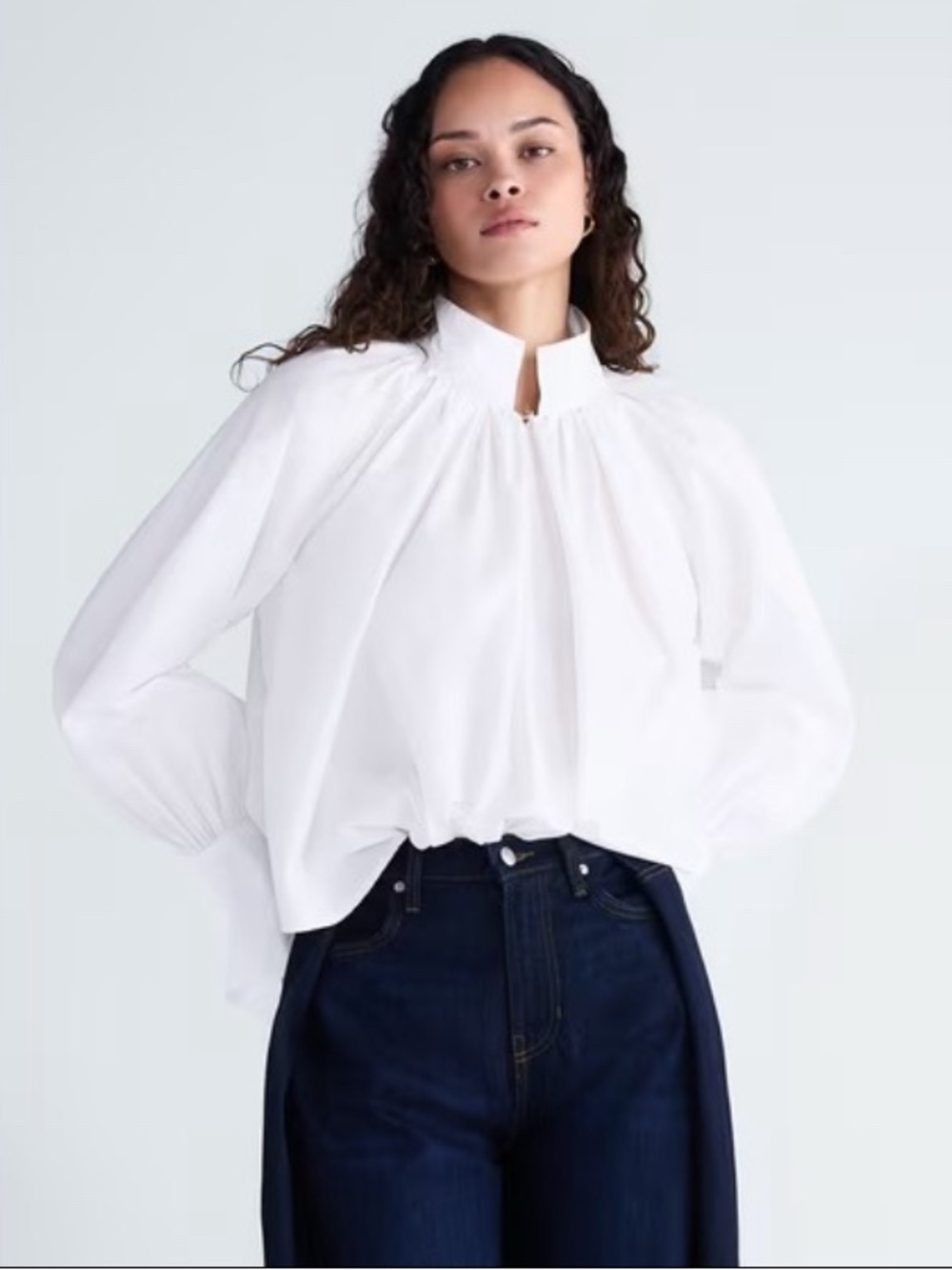 White High-Neck Balloon-Sleeve Women's Top